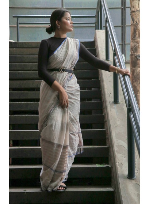 Off-white with blue, Handwoven Organic Cotton,Textured Weave , Jacquard, Work Wear Saree